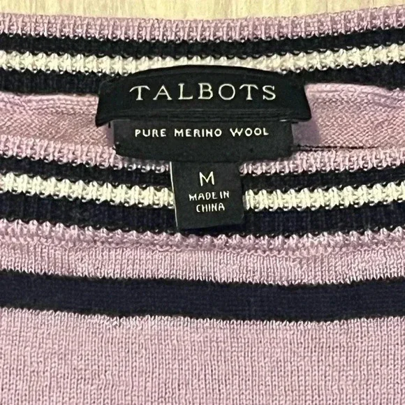 Talbots Merino Wool Striped PASTEL Purple Navy crew neck Sweater M preppy spring - Picture 2 of 6